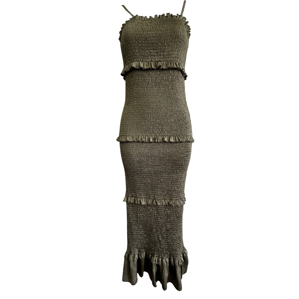 Mable Olive Green Smocked Tiered Ruffle Maxi Dress‎ Womens Small MD22911